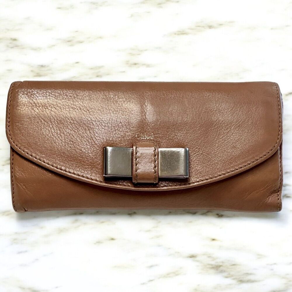 Chloe LILY Long Wallet Bifold Soft Brown Nappa Leather Silver Ribbon Bowtie Snap